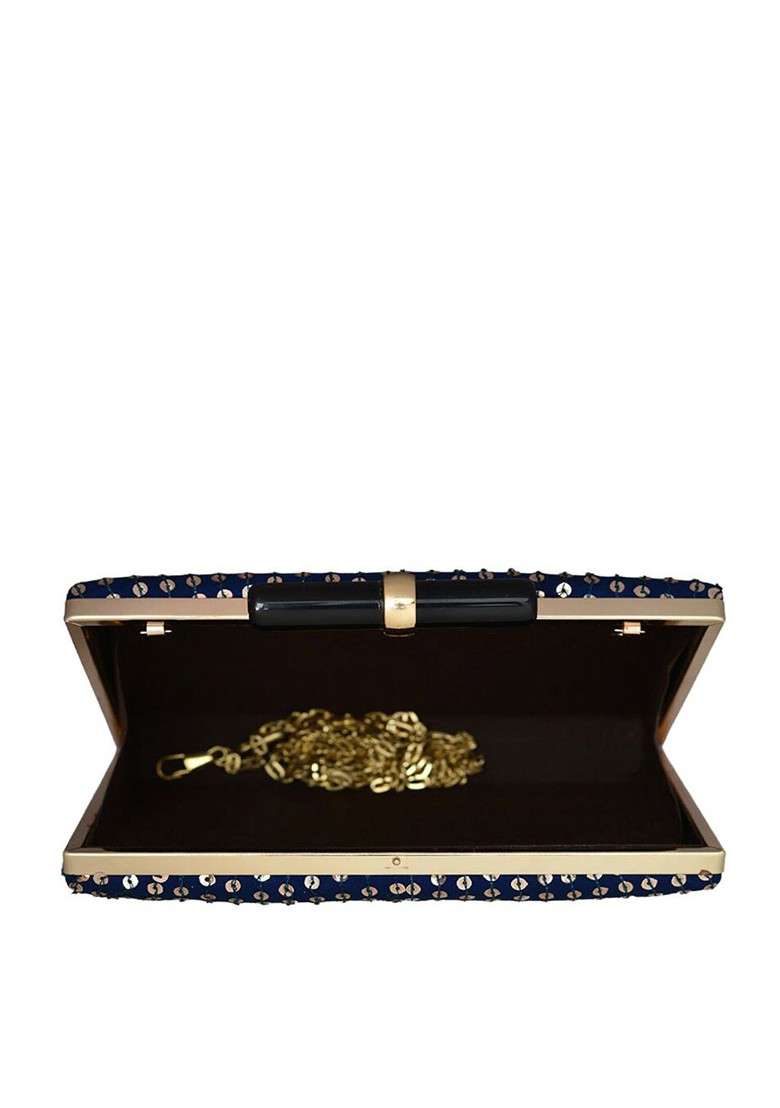 Blue Satin Embroidered Buckle Detail Box Clutch - Indya