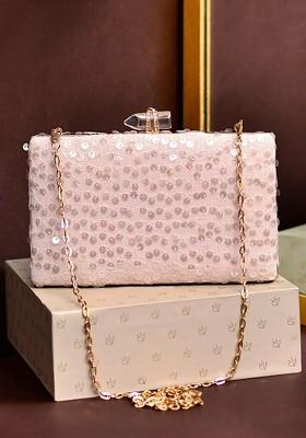 Peach Satin Embellished Box Clutch