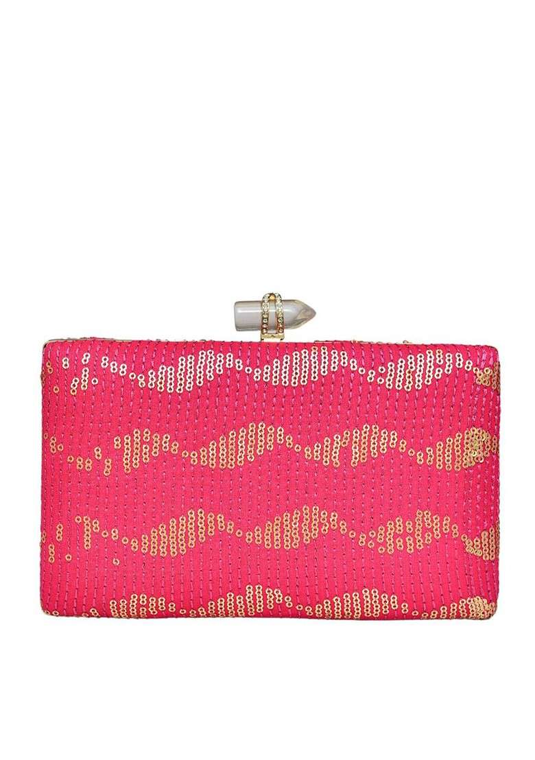Pink Satin Sequinned Embellished Box Clutch - Indya
