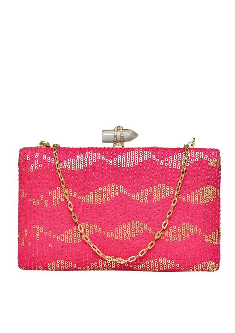 Pink Satin Sequinned Embellished Box Clutch - Indya