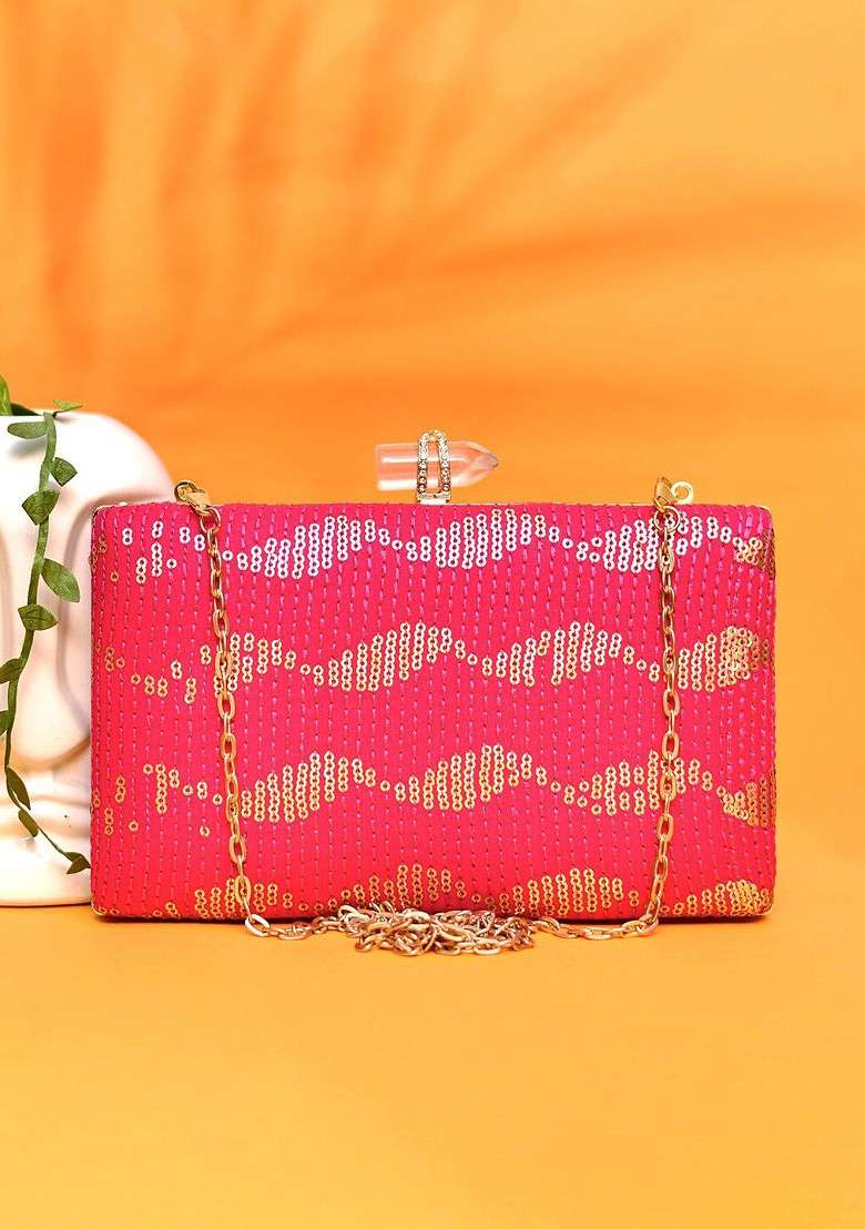 Pink Satin Sequinned Embellished Box Clutch - Indya
