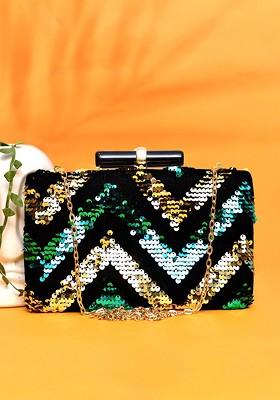 Green Satin Embellished Box Clutch