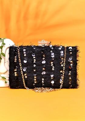 Black Satin Embellished Box Clutch