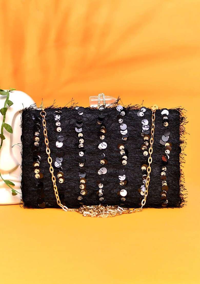 Black Satin Embellished Box Clutch - Indya