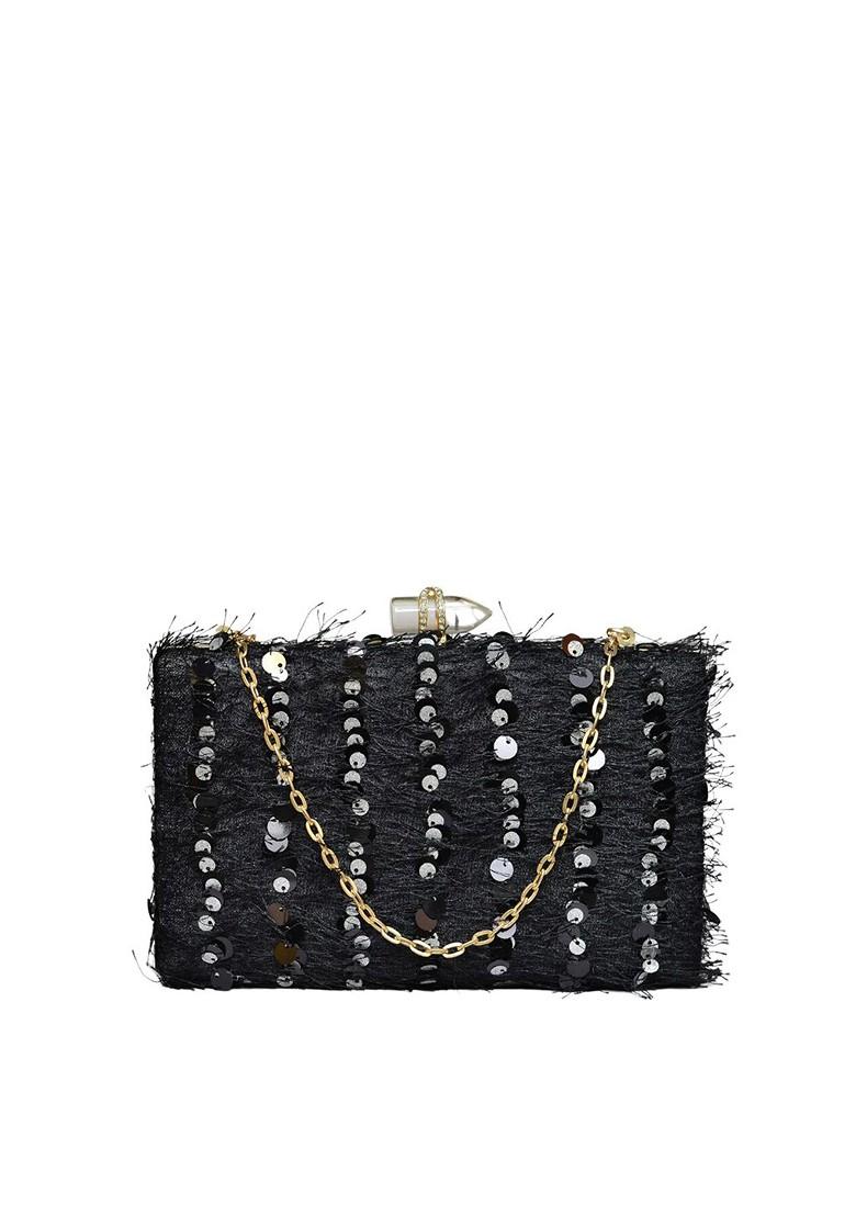 Black Satin Embellished Box Clutch - Indya