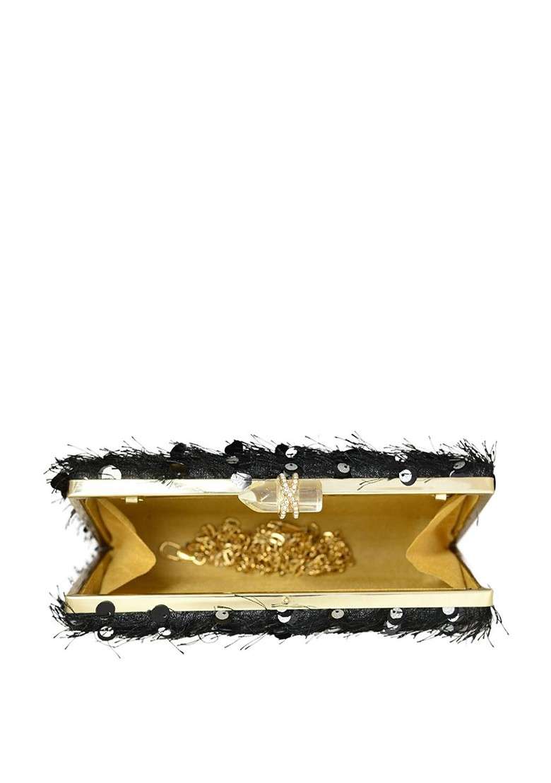 Black Satin Embellished Box Clutch - Indya