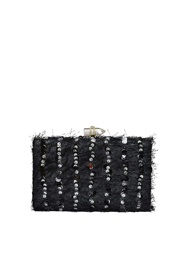 Black Satin Embellished Box Clutch - Indya