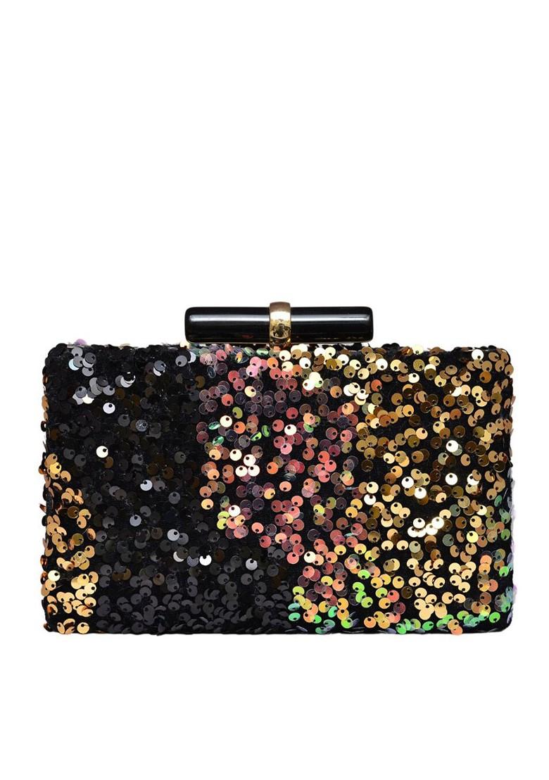 Black Satin Sequinned Embellished Box Clutch - Indya