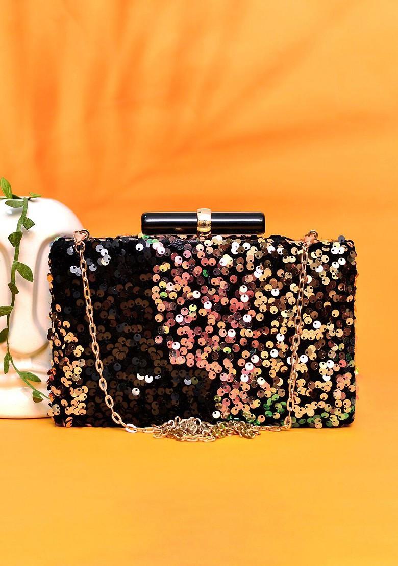 Black Satin Sequinned Embellished Box Clutch - Indya
