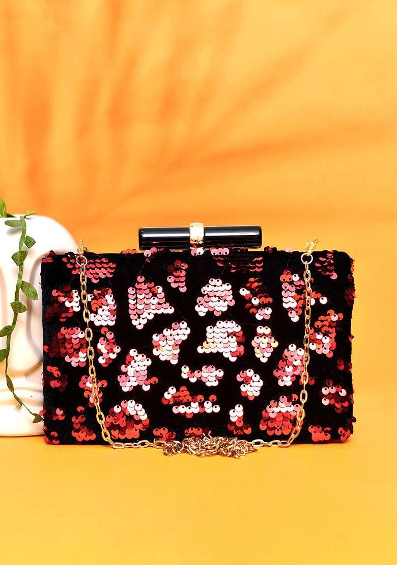 Red Satin Embellished Box Clutch - Indya