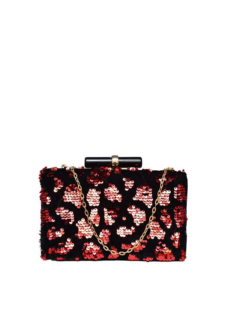 Red Satin Embellished Box Clutch - Indya
