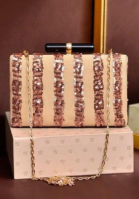 Beige Satin Sequinned Embellished Box Clutch