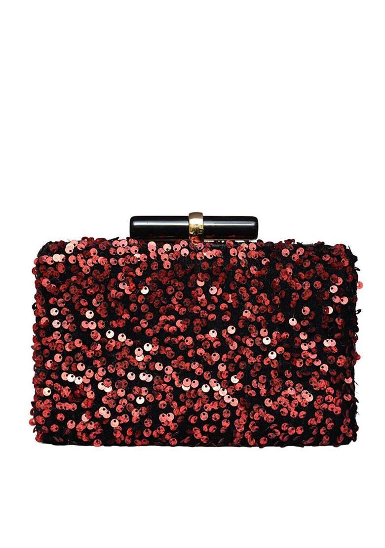 Red Satin Embroidered Embellished Box Clutch - Indya