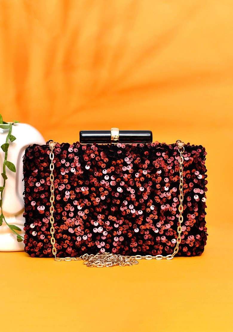 Red Satin Embroidered Embellished Box Clutch - Indya