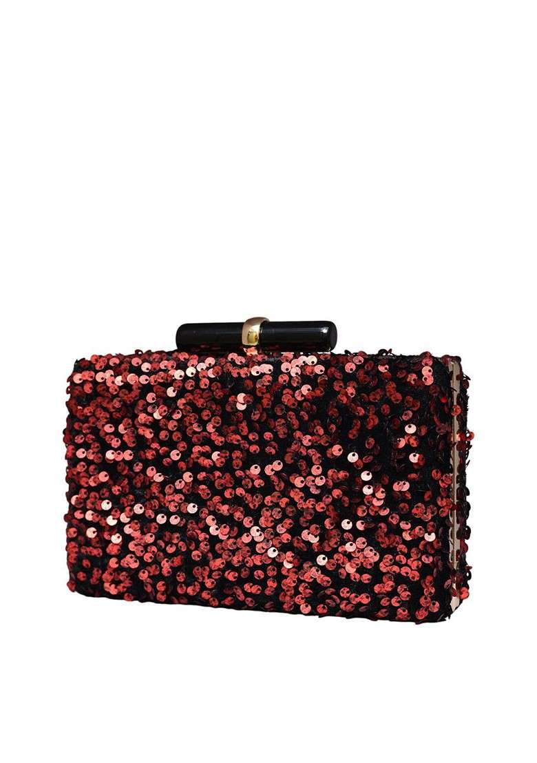 Red Satin Embroidered Embellished Box Clutch - Indya