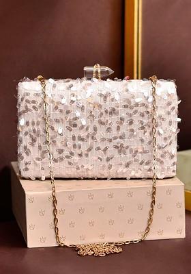 Cream Satin Embellished Box Clutch