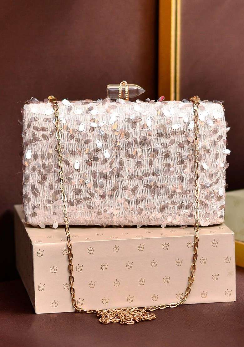 Cream Satin Embellished Box Clutch - Indya
