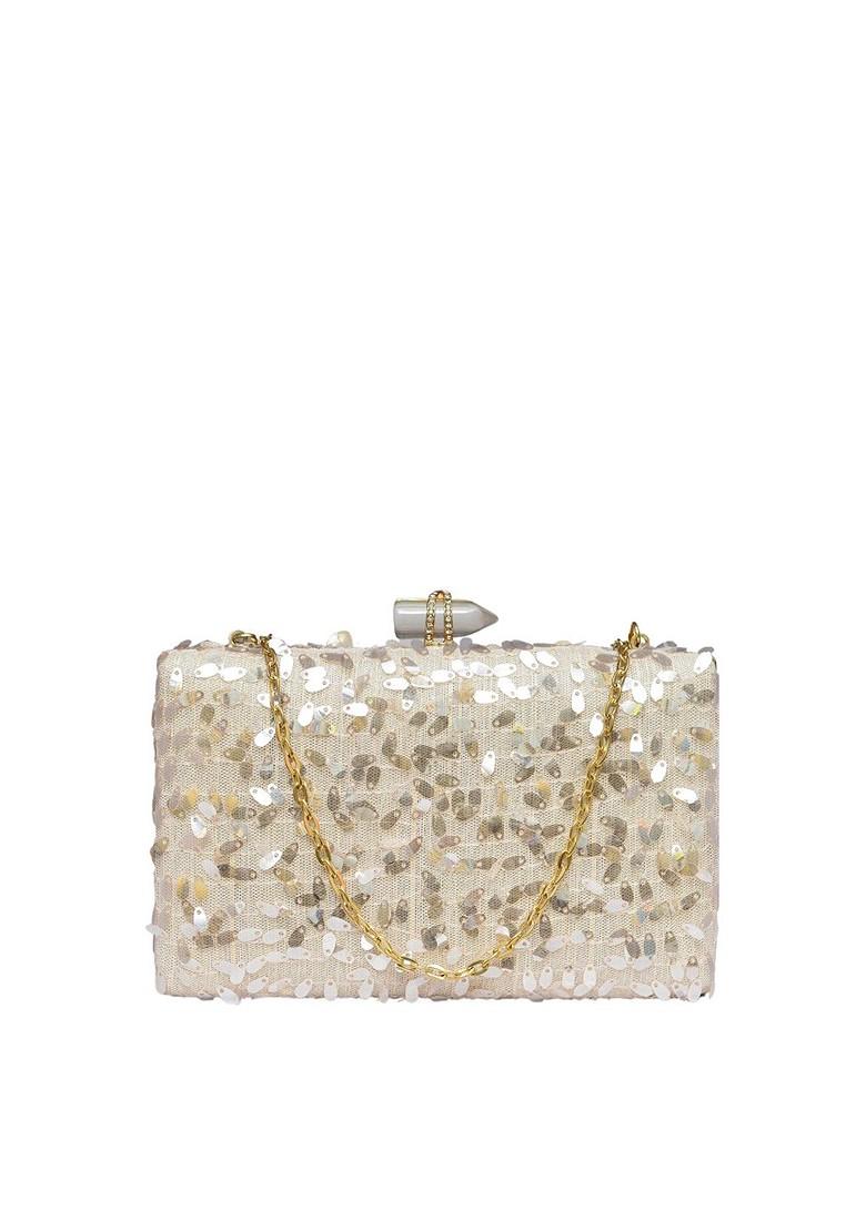 Cream Satin Embellished Box Clutch - Indya