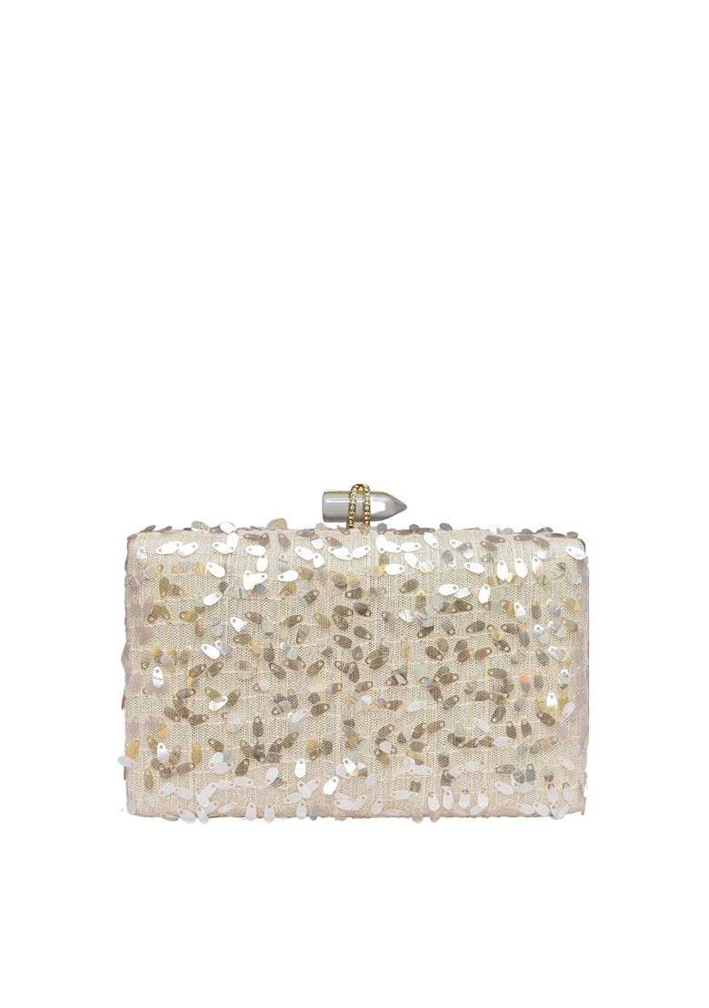 Cream Satin Embellished Box Clutch - Indya