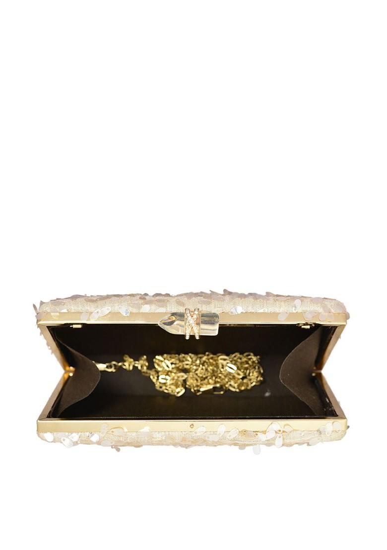 Cream Satin Embellished Box Clutch - Indya