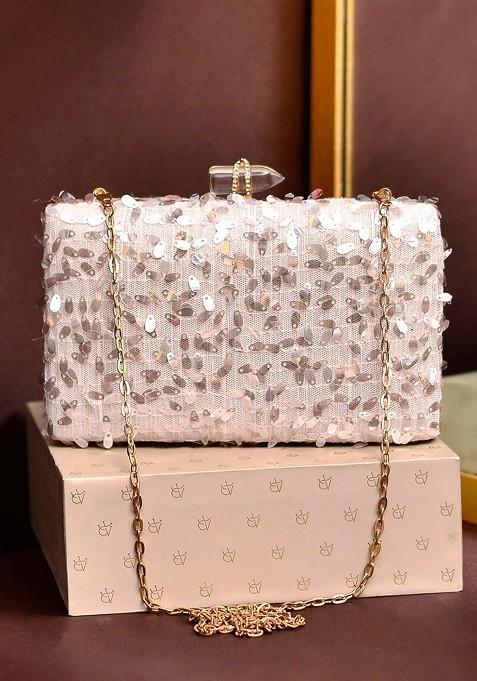 Cream Satin Embellished Box Clutch