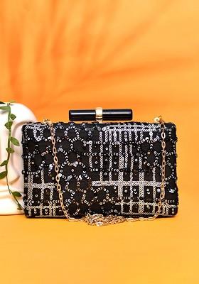 Black Satin Embellished Box Clutch
