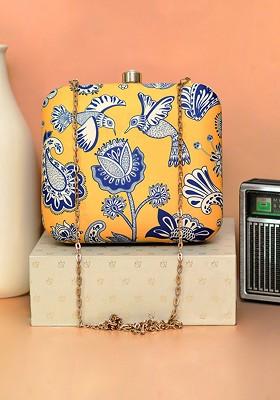 Yellow Fabric Women Floral Printed Box Clutch