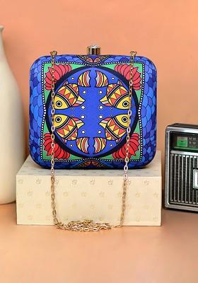 Blue Fabric Women Symmetrical Fish Printed Box Clutch