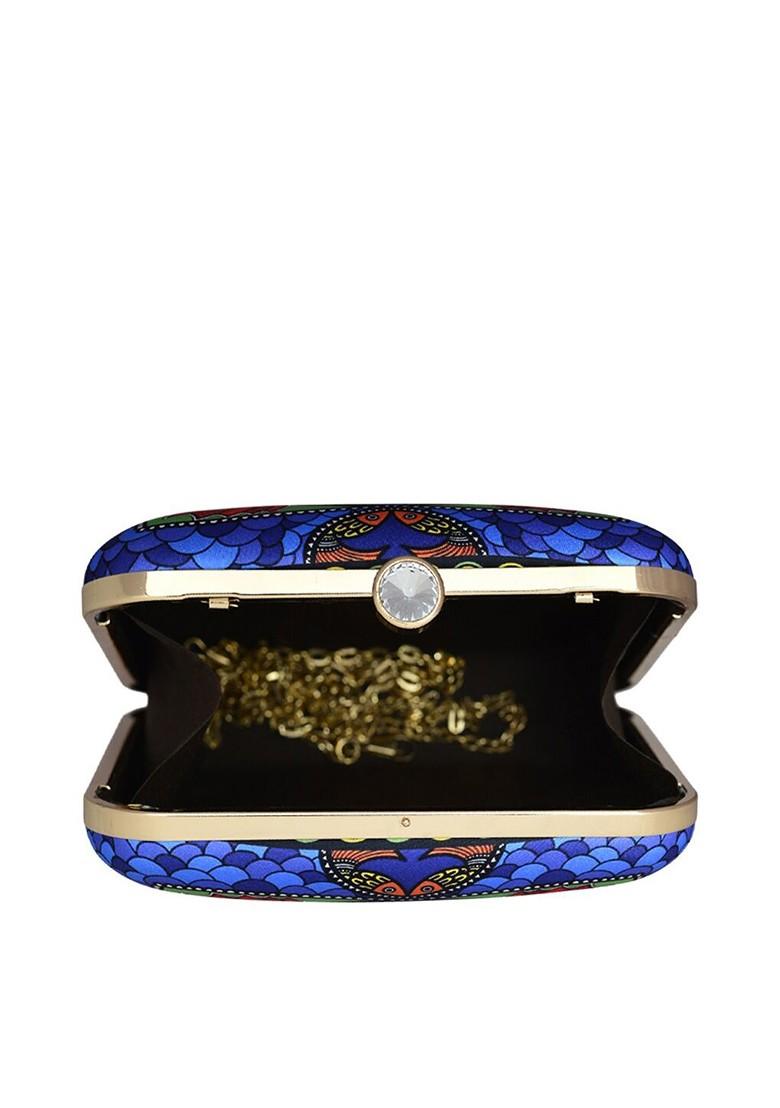 Blue Fabric Women Symmetrical Fish Printed Box Clutch - Indya