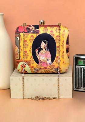 Yellow Fabric Women Mughal Printed Box Clutch
