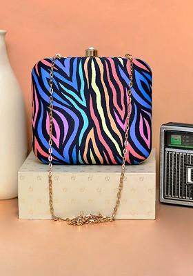 Blue Fabric Women Zebra Printed Box Clutch
