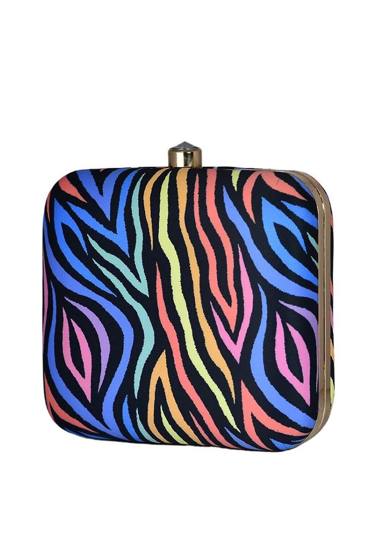 Blue Fabric Women Zebra Printed Box Clutch - Indya