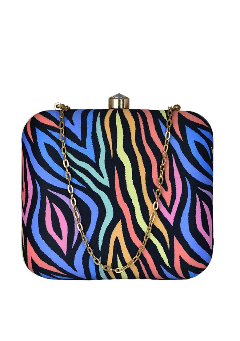Blue Fabric Women Zebra Printed Box Clutch - Indya