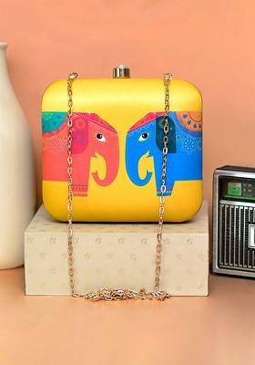 Yellow Fabric Women Elephant Printed Box Clutch