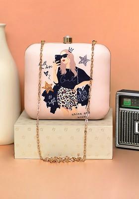 Peach Fabric Women Glam Girl Printed Box Clutch