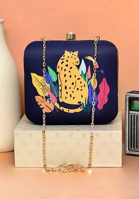 Navy Blue Fabric Women Cheetah Printed Box Clutch