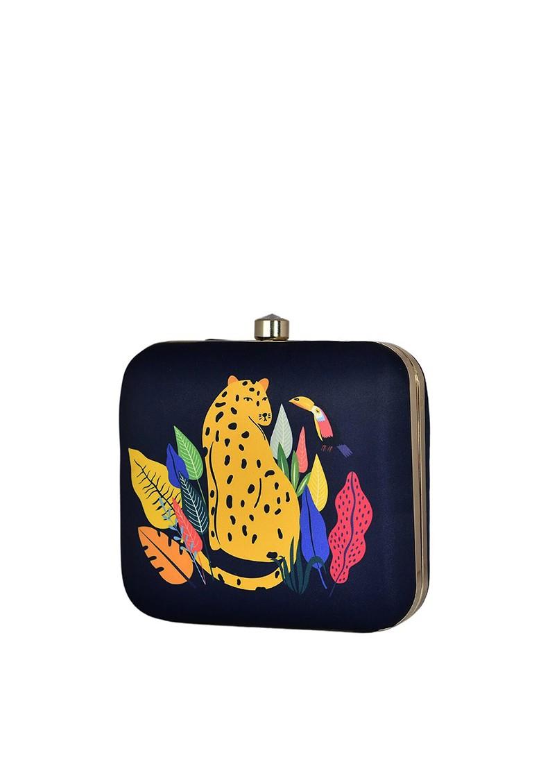 Navy Blue Fabric Women Cheetah Printed Box Clutch - Indya