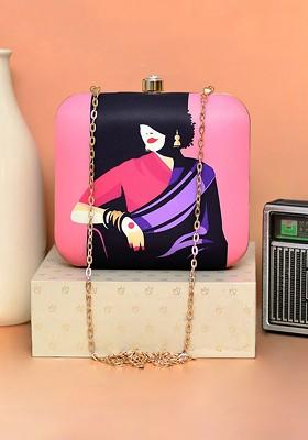 Pink Fabric Saree Women Printed Box Clutch