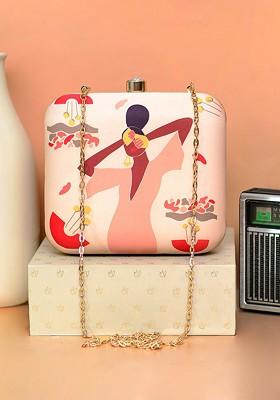 Peach Fabric Women Girl Printed Box Clutch
