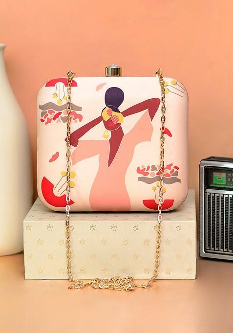 Peach Fabric Women Girl Printed Box Clutch