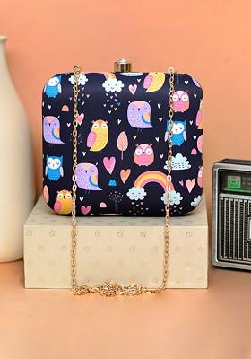 Black Fabric Women Owl Printed Box Clutch