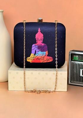 Navy Blue Fabric Women Buddha Printed Box Clutch