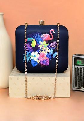 Navy Blue Fabric Women Colorful Printed Box Clutch