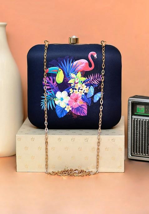 Navy Blue Fabric Women Colorful Printed Box Clutch