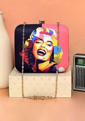 Black Fabric Women Marilyn Monroe Printed Box Clutch