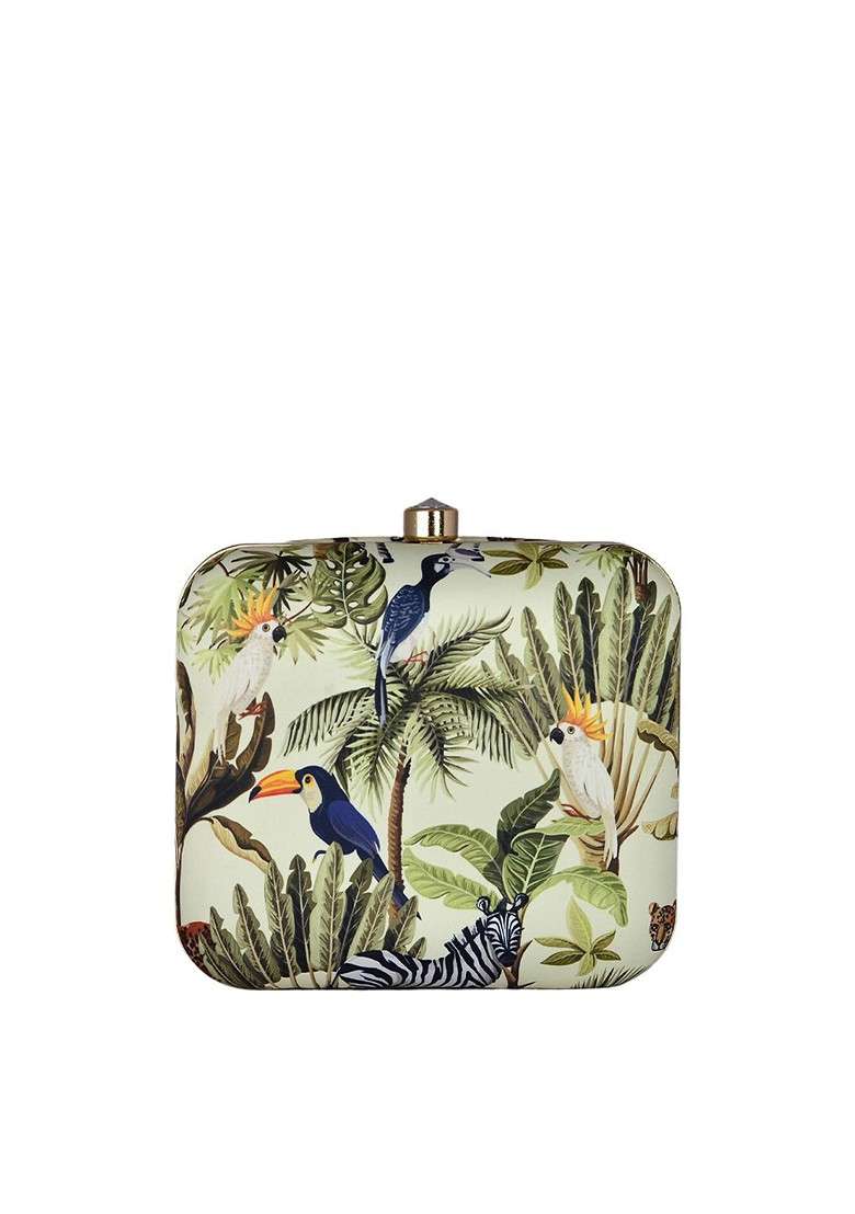 Green Fabric Women Bird Printed Box Clutch - Indya