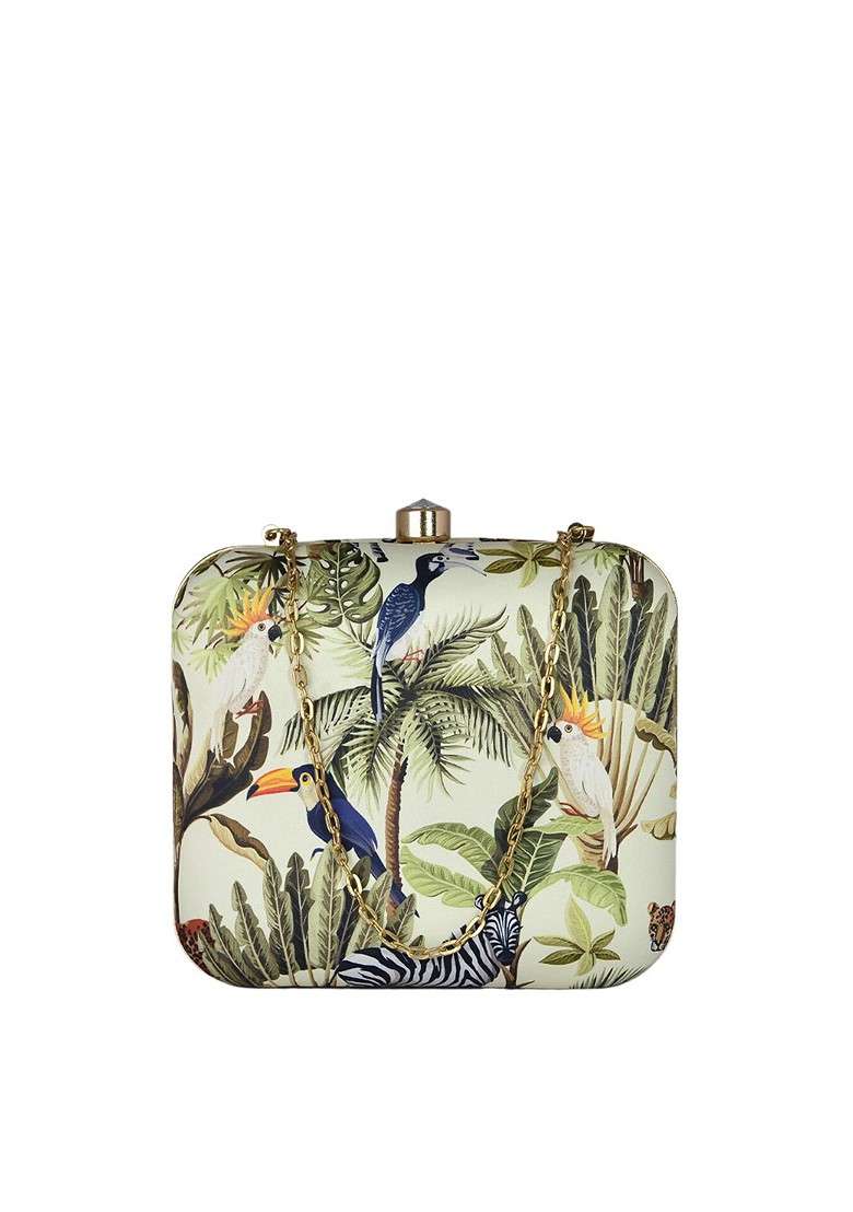 Green Fabric Women Bird Printed Box Clutch - Indya