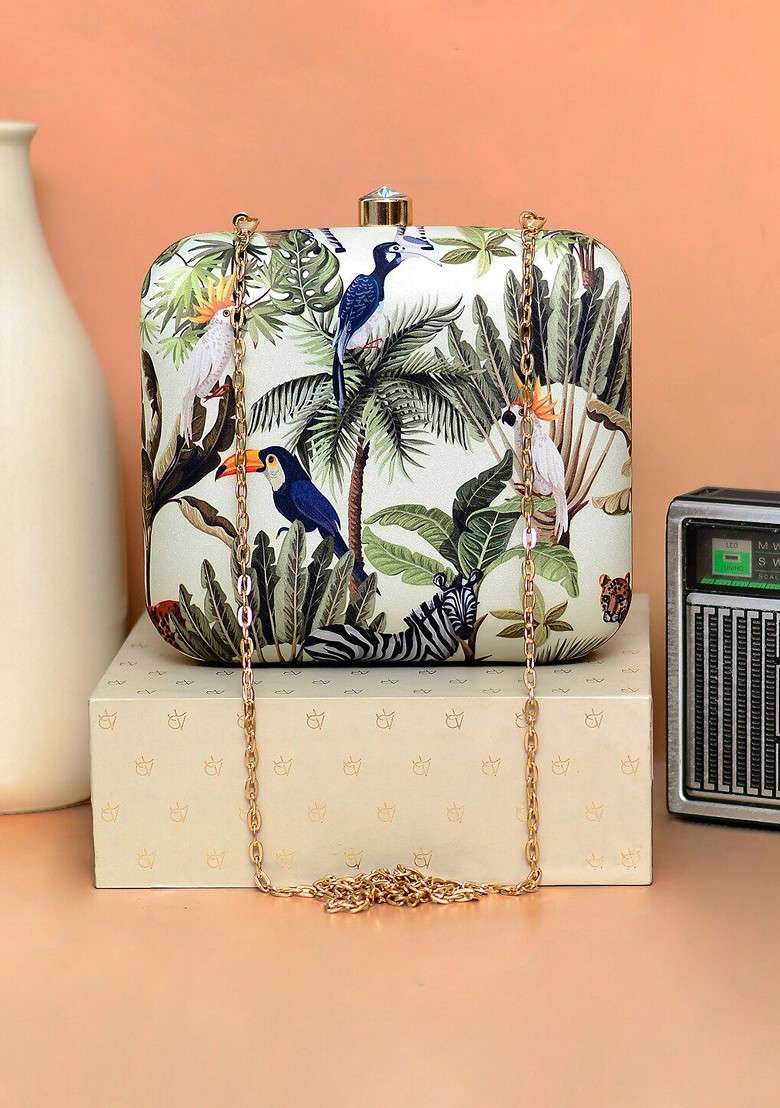 Green Fabric Women Bird Printed Box Clutch - Indya