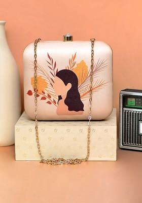 Peach Fabric Women Portrait Printed Box Clutch