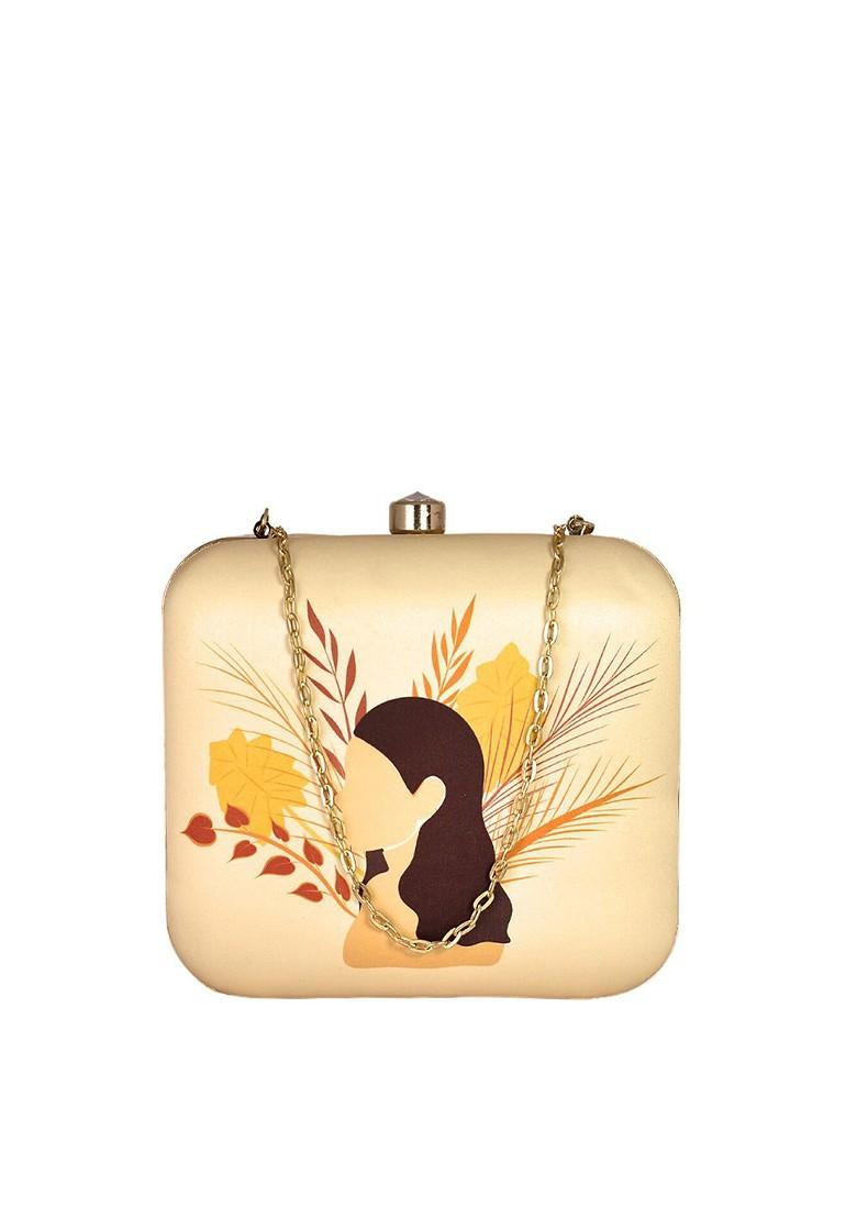 Peach Fabric Women Portrait Printed Box Clutch - Indya